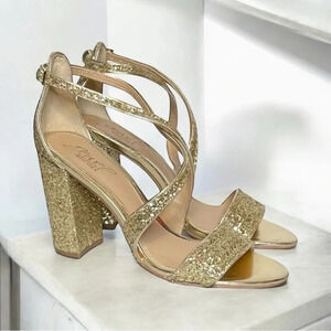 Jewel Badgley Mischa Cook Block Heels Size 7.5 Gold Glitter Strappy Sparkle